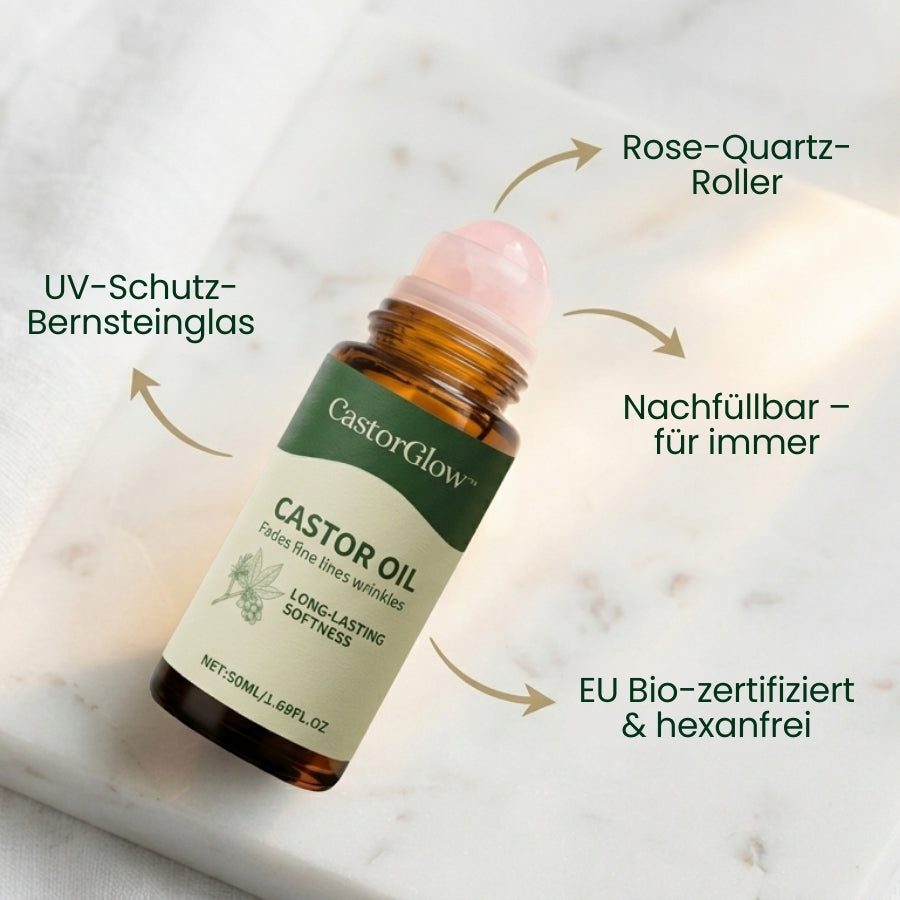 CastorGlow™ | Kaltgepresster Bio-Rizinusöl-Roll-On in Bernstein-Glas
