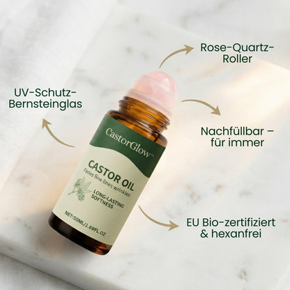 CastorGlow™ | Kaltgepresster Bio-Rizinusöl-Roll-On in Bernstein-Glas