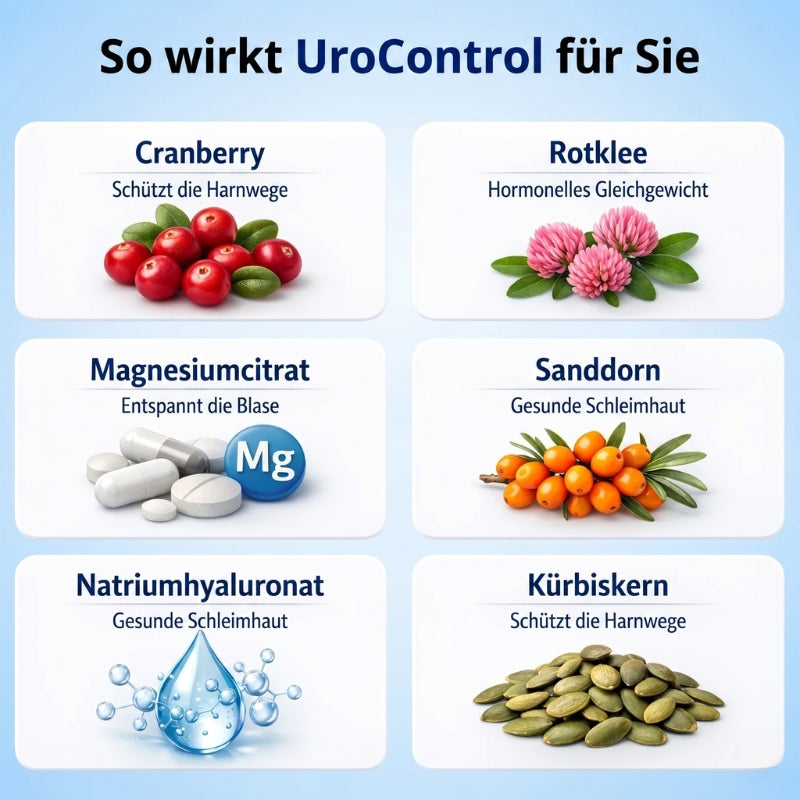UroControl™ | 6 natürliche Inhaltsstoffe für Blasenkontrolle